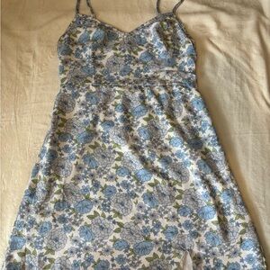 Hollister White Mini Dress with Blue Floral Print and Green Leaves